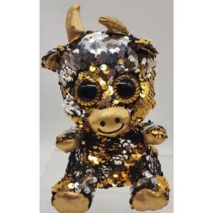 BLING Sequin Gold Silver Plush Bull Toy BIG BLACK GOLD RIMMED EYES .